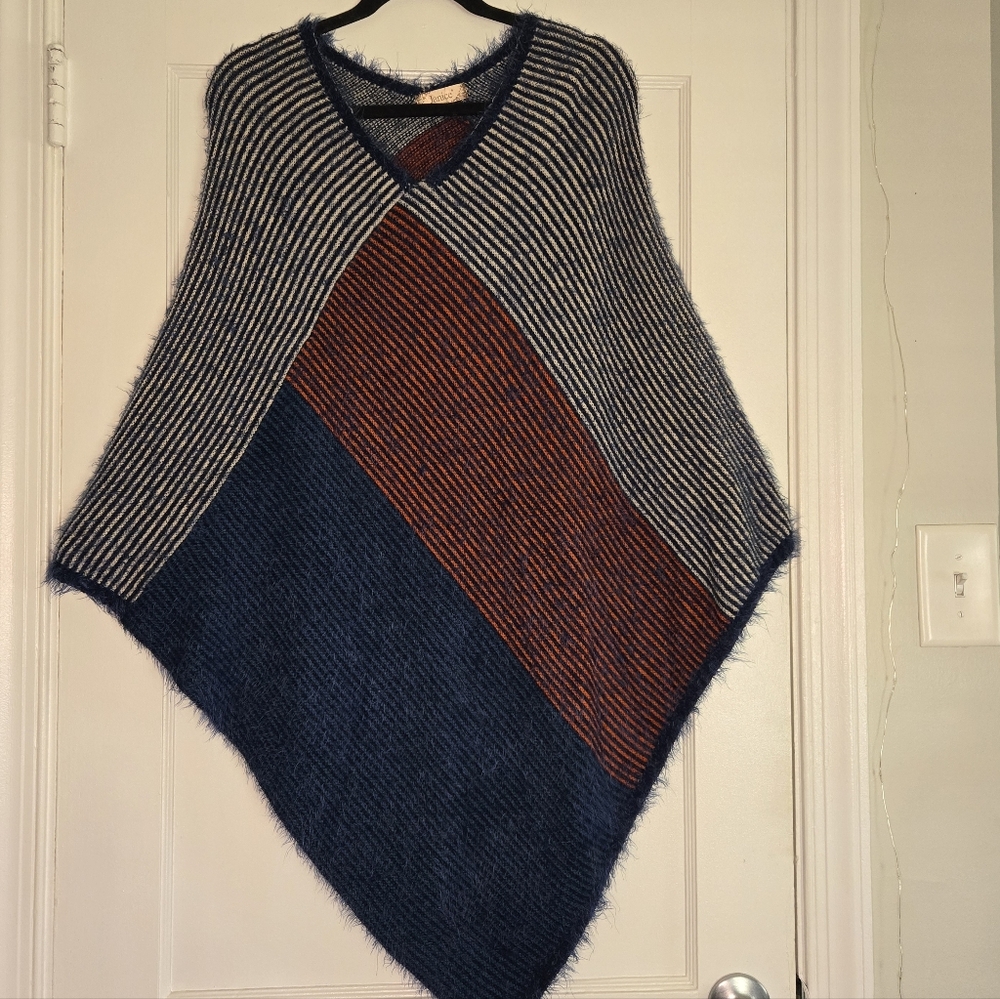 Janice Fuzzy Boho Knit Poncho - Women's One Size - Blue, Red & Cream